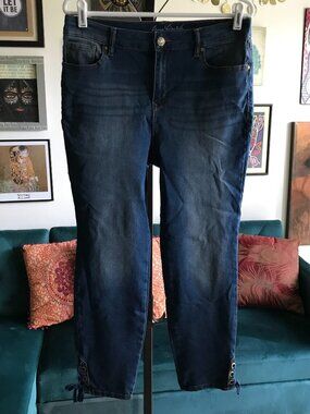 GLORIA VANDERBILT size 14 Petite Blue Stretch Denim Cropped Lace Up Leg Jeans